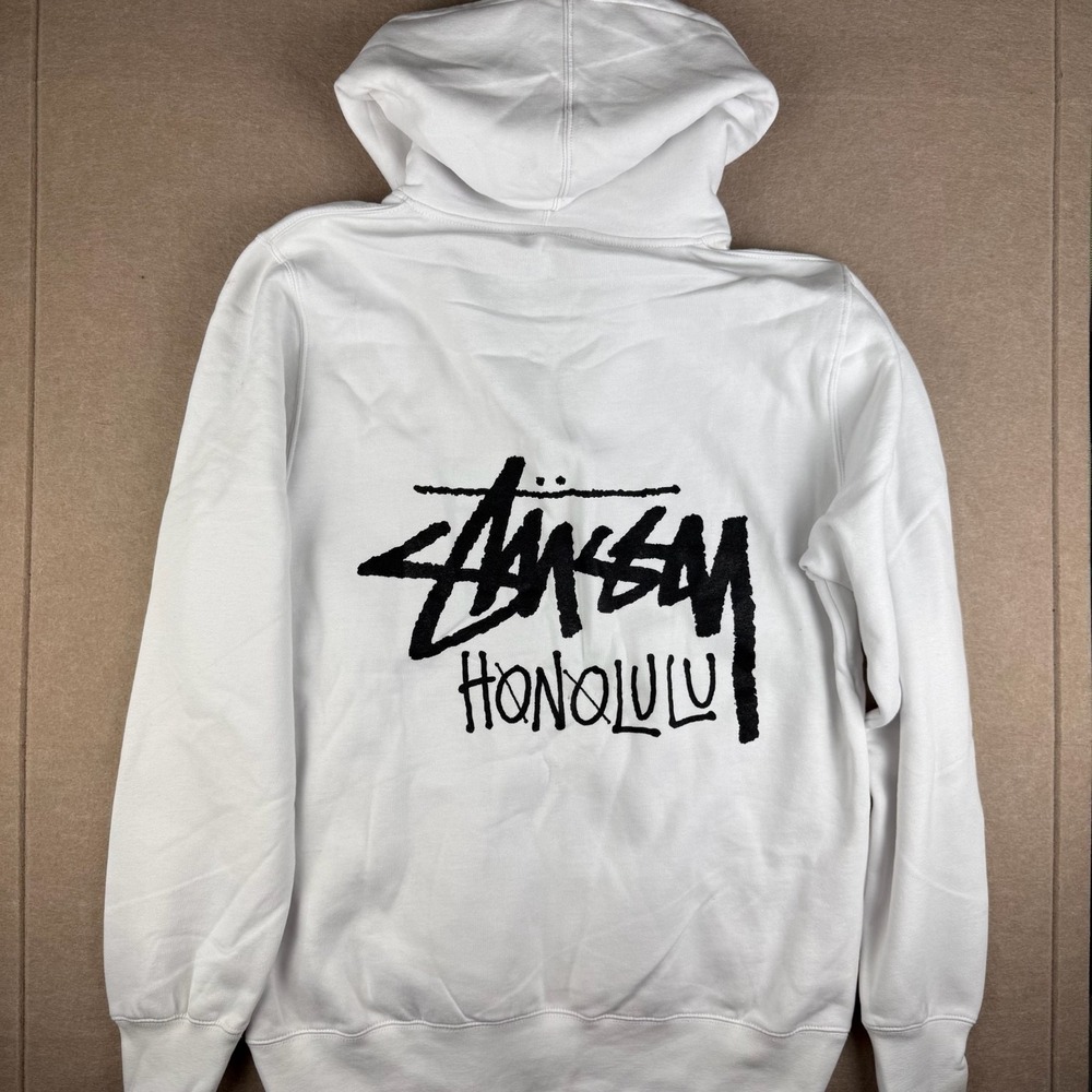 Y2K Stussy Honolulu Red Tag USA Zip Hoodie Mens L White Streetwear Full Zip